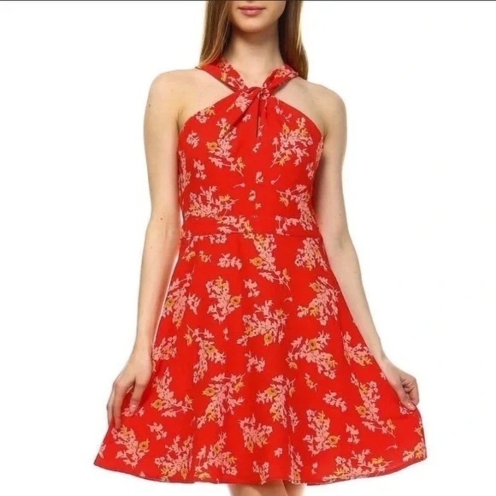 19 Copper Red Floral Twist Halter Dress